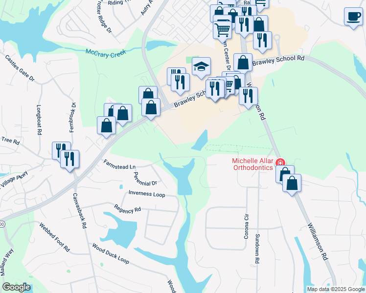 map of restaurants, bars, coffee shops, grocery stores, and more near Charleston Drive in Mooresville