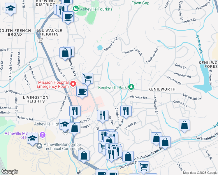 map of restaurants, bars, coffee shops, grocery stores, and more near 64 Forest Hill Drive in Asheville