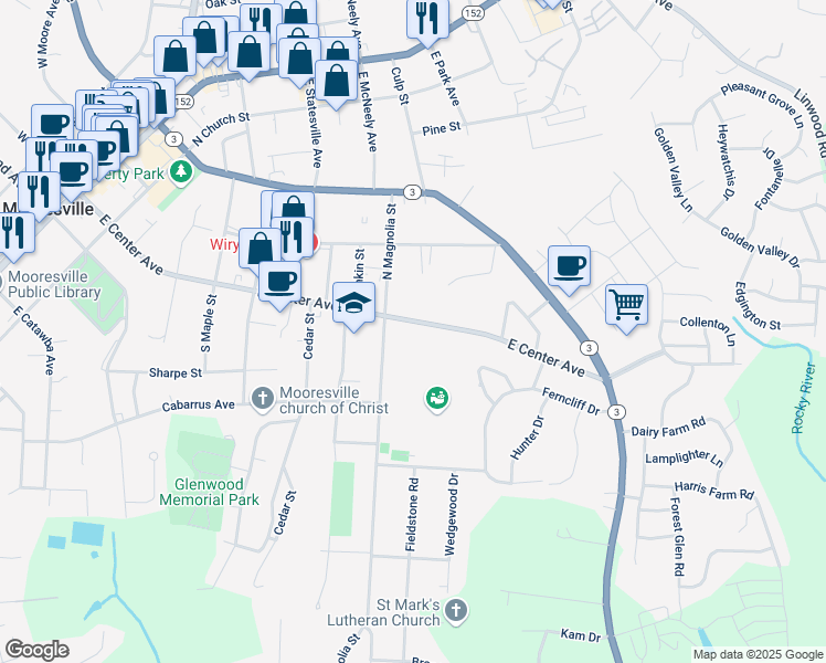 map of restaurants, bars, coffee shops, grocery stores, and more near 725 East Center Avenue in Mooresville