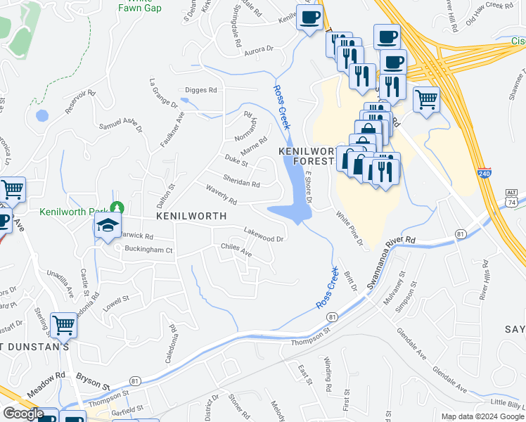 map of restaurants, bars, coffee shops, grocery stores, and more near 221 Lakewood Drive in Asheville