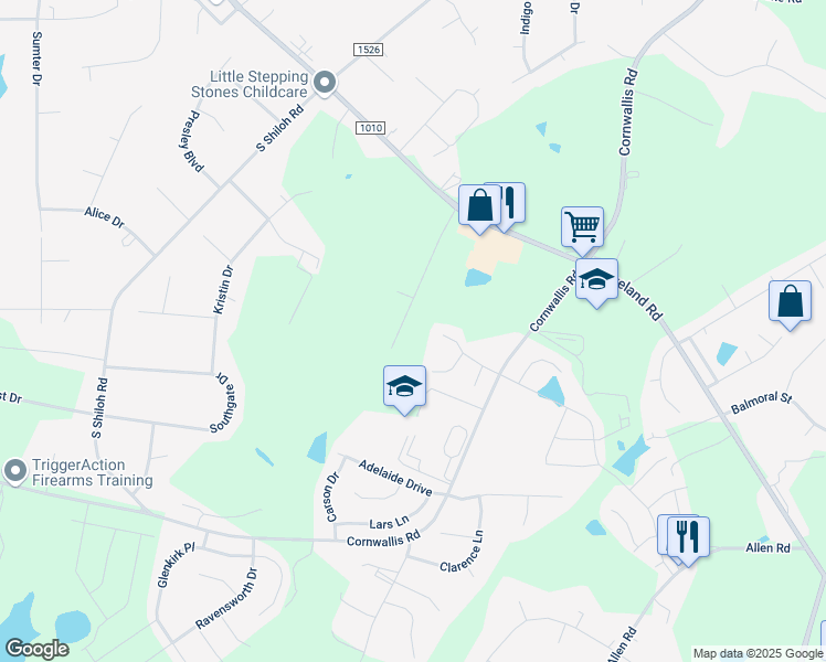 map of restaurants, bars, coffee shops, grocery stores, and more near 168 Montana Drive in Garner