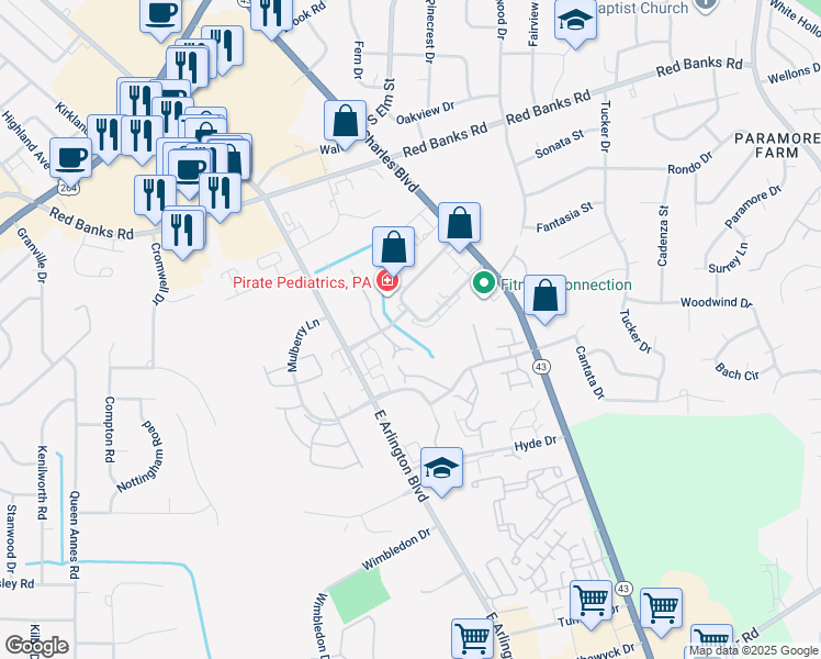map of restaurants, bars, coffee shops, grocery stores, and more near 120 Oakmont Drive in Greenville