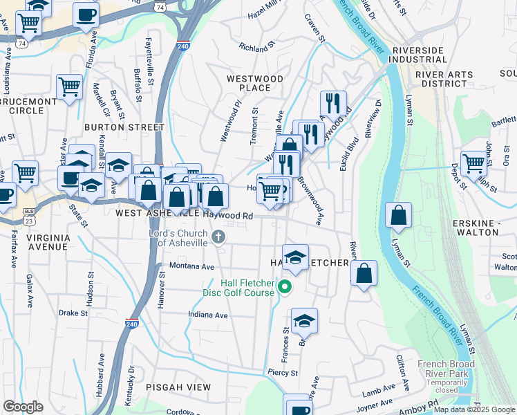 map of restaurants, bars, coffee shops, grocery stores, and more near 14 Da Vinci Court in Asheville