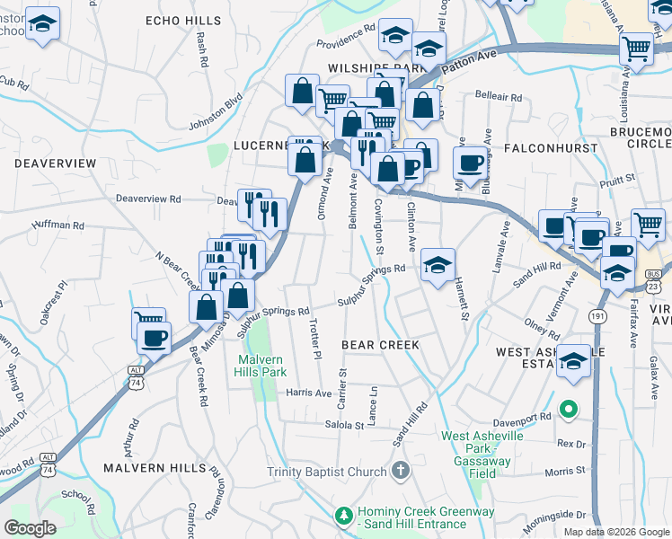 map of restaurants, bars, coffee shops, grocery stores, and more near 34 Harvard Place in Asheville