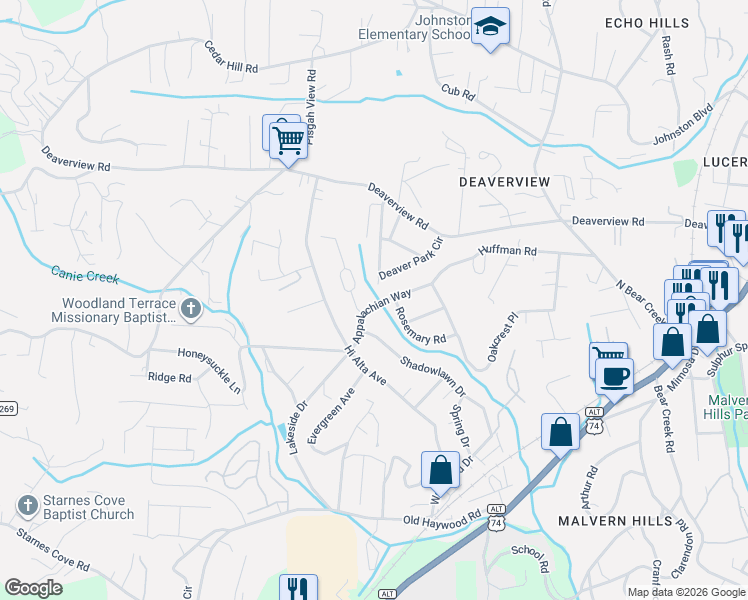 map of restaurants, bars, coffee shops, grocery stores, and more near 127 Appalachian Way in Asheville