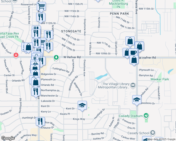map of restaurants, bars, coffee shops, grocery stores, and more near 10716 Greystone Avenue in The Village