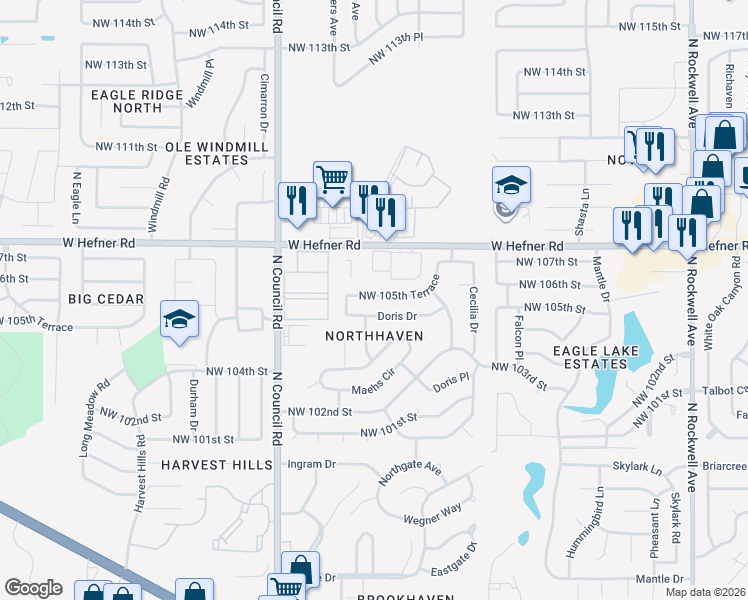 map of restaurants, bars, coffee shops, grocery stores, and more near 7721 Northwest 105th Terrace in Oklahoma City