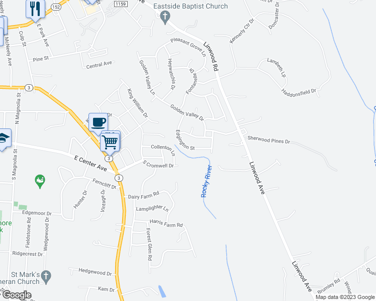 map of restaurants, bars, coffee shops, grocery stores, and more near 131 Edgington Street in Mooresville