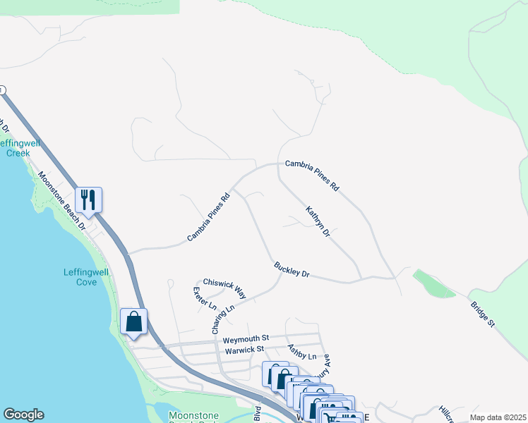map of restaurants, bars, coffee shops, grocery stores, and more near 6605 Buckley Drive in Cambria