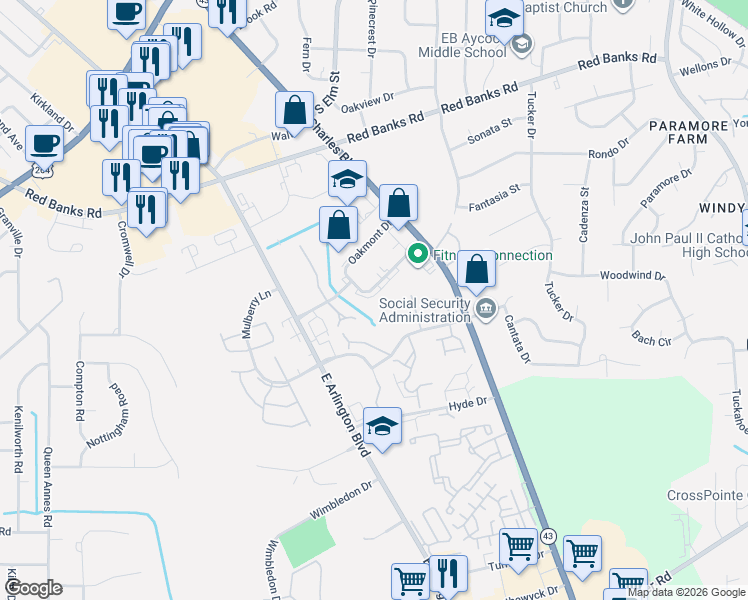map of restaurants, bars, coffee shops, grocery stores, and more near 22 Oakmont Drive in Greenville