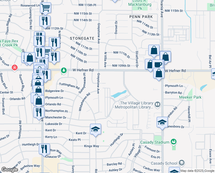 map of restaurants, bars, coffee shops, grocery stores, and more near 2400 West Hefner Road in The Village