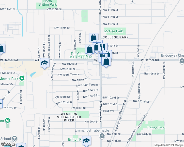 map of restaurants, bars, coffee shops, grocery stores, and more near 10721 North Western Avenue in Oklahoma City