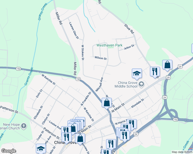 map of restaurants, bars, coffee shops, grocery stores, and more near 416 Stokes Street in China Grove