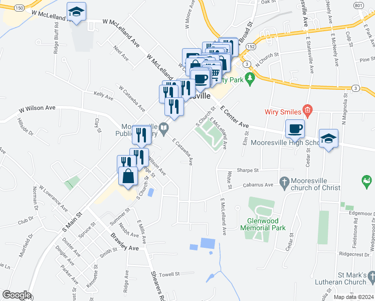 map of restaurants, bars, coffee shops, grocery stores, and more near 224 East Catawba Avenue in Mooresville