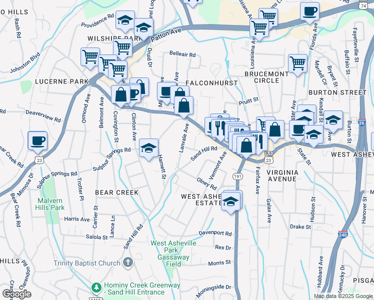 map of restaurants, bars, coffee shops, grocery stores, and more near 28 Dallas Street in Asheville
