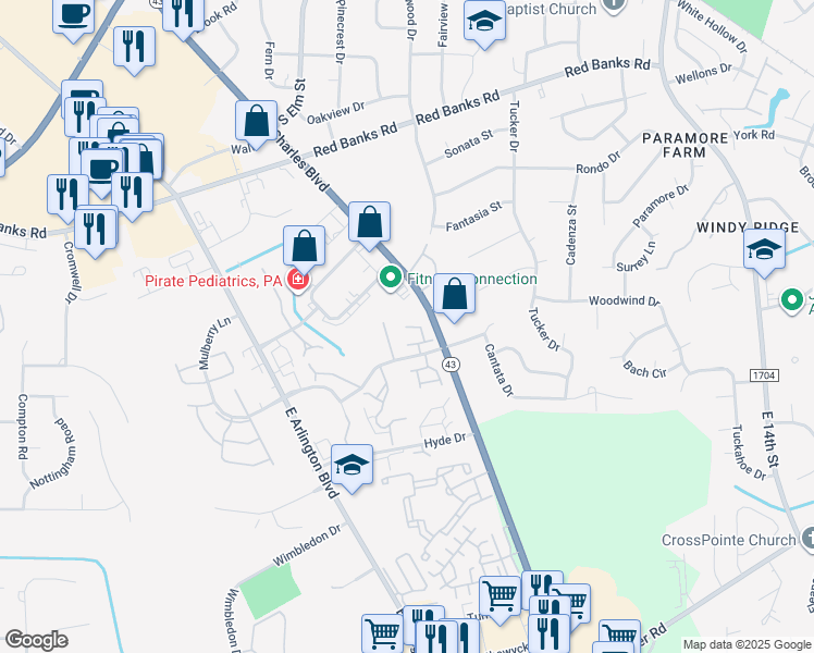 map of restaurants, bars, coffee shops, grocery stores, and more near 21 Colindale Court in Greenville