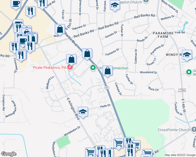 map of restaurants, bars, coffee shops, grocery stores, and more near 34 Colindale Court in Greenville