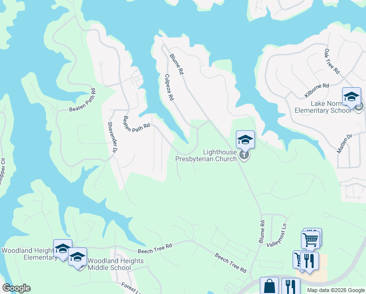 map of restaurants, bars, coffee shops, grocery stores, and more near 165 Beaten Path Road in Mooresville