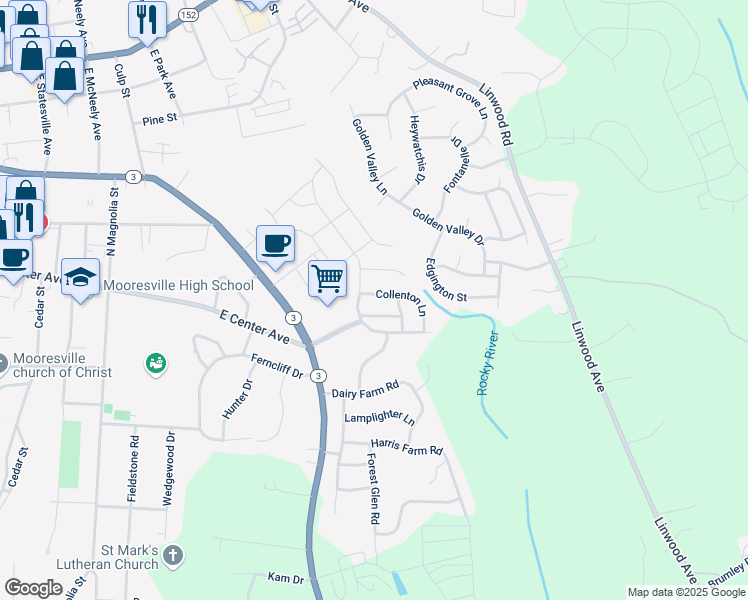 map of restaurants, bars, coffee shops, grocery stores, and more near 108 Collenton Lane in Mooresville