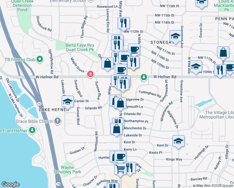 map of restaurants, bars, coffee shops, grocery stores, and more near 10721 North May Avenue in The Village