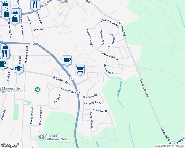 map of restaurants, bars, coffee shops, grocery stores, and more near 110 Collenton Lane in Mooresville