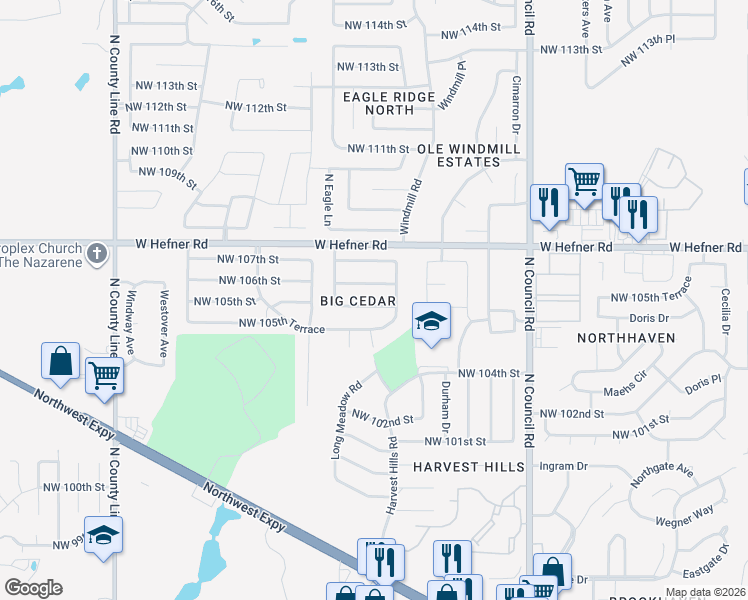 map of restaurants, bars, coffee shops, grocery stores, and more near 8320 Northwest 106th Street in Oklahoma City