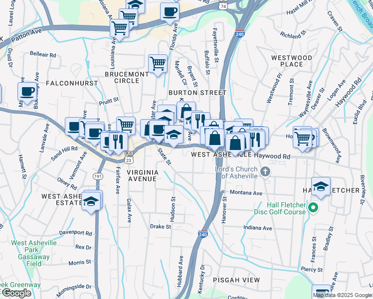 map of restaurants, bars, coffee shops, grocery stores, and more near 564 Haywood Road in Asheville