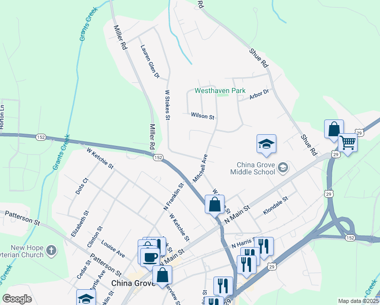 map of restaurants, bars, coffee shops, grocery stores, and more near 416 Stokes Street in China Grove