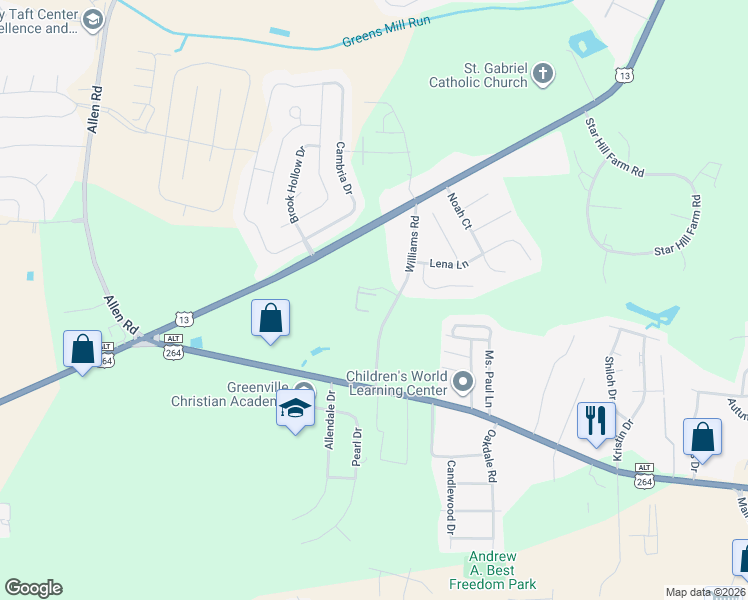 map of restaurants, bars, coffee shops, grocery stores, and more near 3002 Williams Road in Greenville