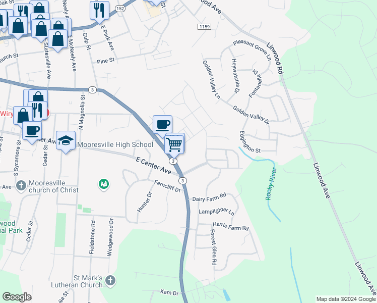 map of restaurants, bars, coffee shops, grocery stores, and more near Foursquare Road in Mooresville