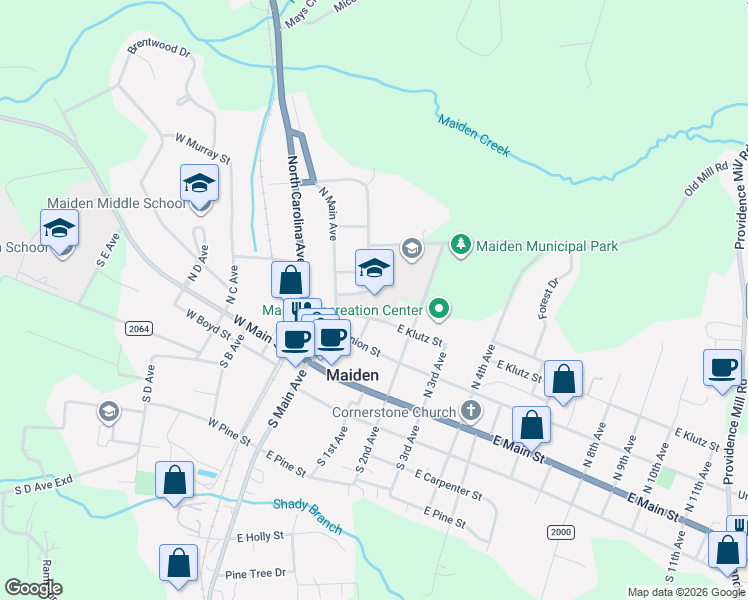map of restaurants, bars, coffee shops, grocery stores, and more near 302 North 1st Avenue in Maiden