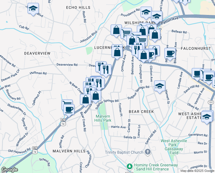 map of restaurants, bars, coffee shops, grocery stores, and more near 1455 U.S. 23 in Asheville