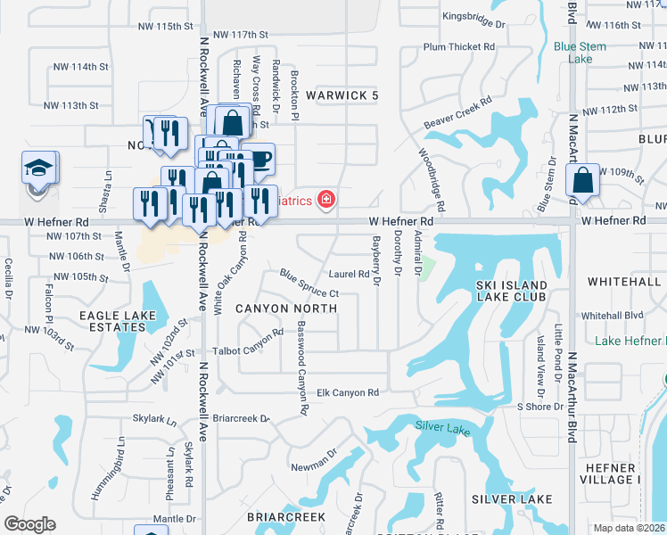 map of restaurants, bars, coffee shops, grocery stores, and more near 6636 Laurel Drive in Oklahoma City