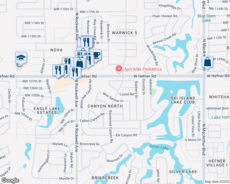 map of restaurants, bars, coffee shops, grocery stores, and more near 6708 Laurel Road in Oklahoma City
