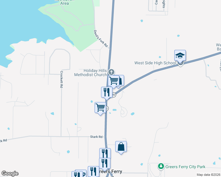 map of restaurants, bars, coffee shops, grocery stores, and more near 7652 Greers Ferry Road in Greers Ferry