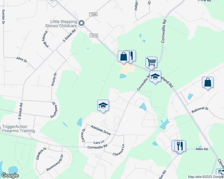 map of restaurants, bars, coffee shops, grocery stores, and more near 168 Montana Drive in Garner