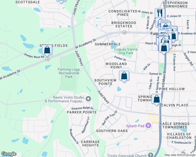 map of restaurants, bars, coffee shops, grocery stores, and more near 624 Smithridge Way in Fuquay-Varina