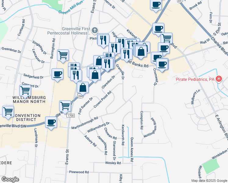 map of restaurants, bars, coffee shops, grocery stores, and more near 107 Crown Point Road in Greenville