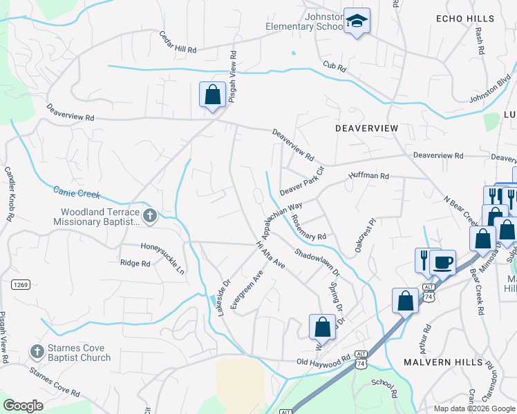 map of restaurants, bars, coffee shops, grocery stores, and more near 18 Alex Way in Asheville