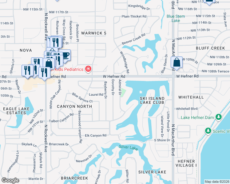map of restaurants, bars, coffee shops, grocery stores, and more near 10700 Dorothy Drive in Oklahoma City