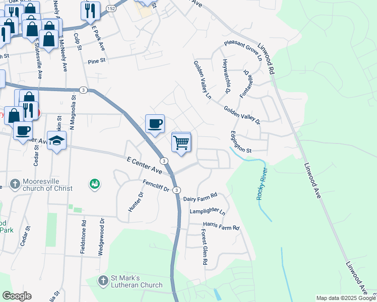 map of restaurants, bars, coffee shops, grocery stores, and more near Harris Crossing Boulevard in Mooresville