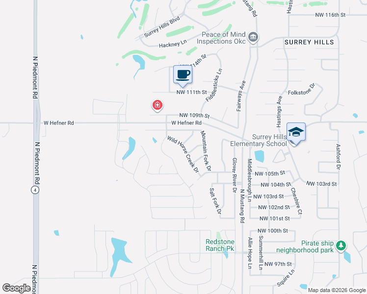 map of restaurants, bars, coffee shops, grocery stores, and more near 10805 Wild Horse Creek Drive in Yukon