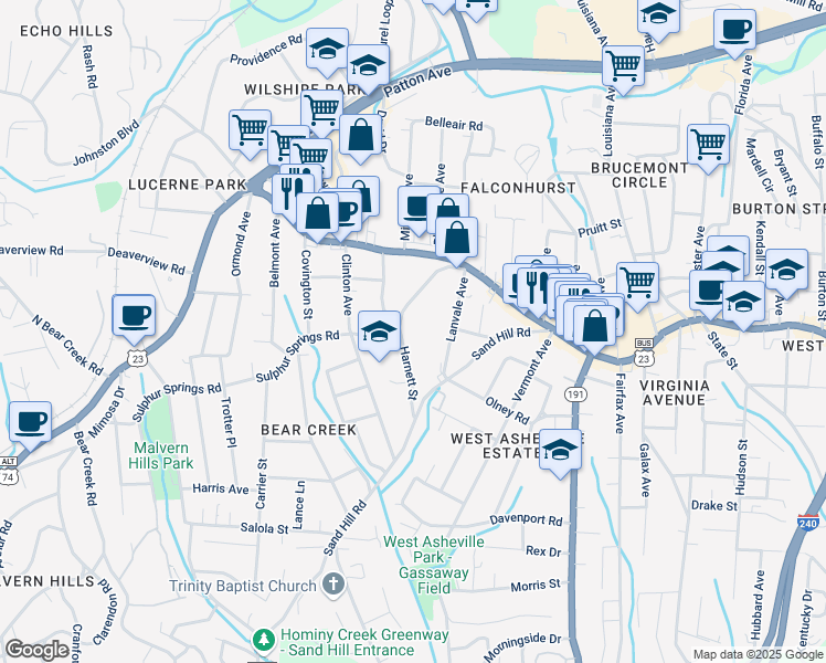 map of restaurants, bars, coffee shops, grocery stores, and more near 99999 Lanvale Avenue in Asheville
