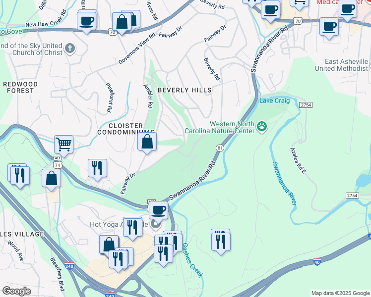 map of restaurants, bars, coffee shops, grocery stores, and more near 226 Fairway Drive in Asheville