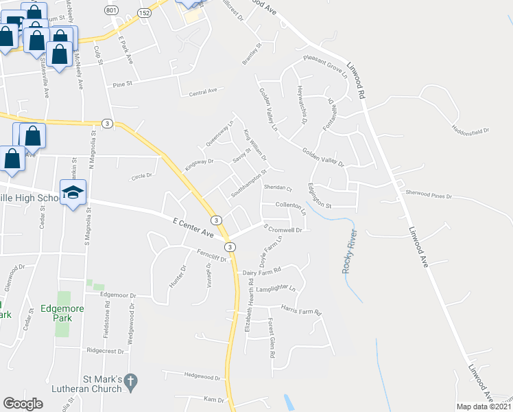 map of restaurants, bars, coffee shops, grocery stores, and more near 113 North Cromwell Drive in Mooresville