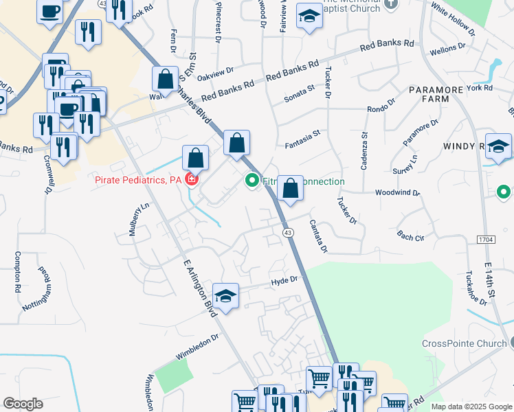 map of restaurants, bars, coffee shops, grocery stores, and more near 2700 Thackery Road in Greenville