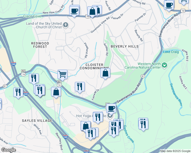 map of restaurants, bars, coffee shops, grocery stores, and more near 602 Abbey Circle in Asheville