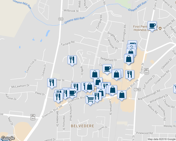 map of restaurants, bars, coffee shops, grocery stores, and more near 111 Toby Court in Greenville