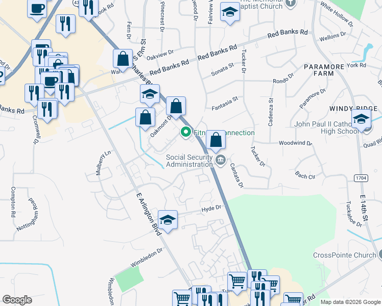 map of restaurants, bars, coffee shops, grocery stores, and more near 2700 Thackery Road in Greenville