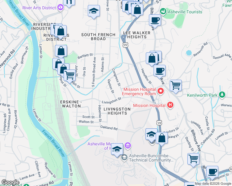map of restaurants, bars, coffee shops, grocery stores, and more near 56 Gaston Street in Asheville